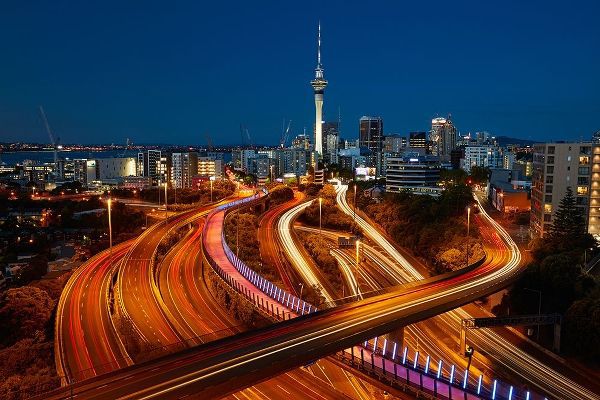 Motorways-Lightpath cycleway-and Skytower at dusk-Auckland-North Island-New Zealand